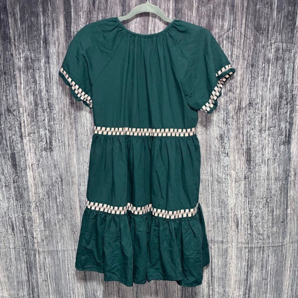 Madewell Dress Green Linen Embroidered Tiered Babydoll Boho Pockets Womens XS - Picture 2 of 9